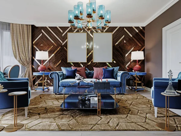 Luxuriöses Luxus Wohnzimmer Mit Holzvertäfelung Den Wänden Mit Goldenen Akzenten — Stockfoto