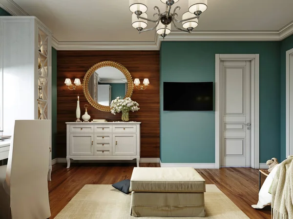 ソファベッドと窓のそばのテーブルを備えたベッドルーム 白い家具と青い壁を備えたプロバンススタイルのインテリア 3Dレンダリング — ストック写真