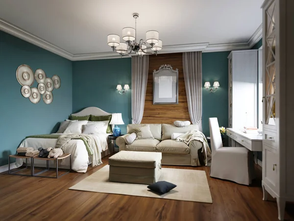 卧室有沙发床和靠窗的桌子 普罗旺斯风格的室内装饰有白色家具和蓝色墙壁 3D渲染 — 图库照片