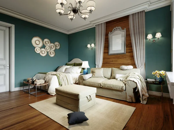 ソファベッドと窓のそばのテーブルを備えたベッドルーム 白い家具と青い壁を備えたプロバンススタイルのインテリア 3Dレンダリング — ストック写真