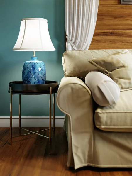 Side Table Blue Table Lamp Sofa Metal Legs Black Countertop — Stock Photo, Image