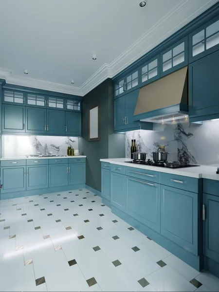 Moderní Kuchyňský Nábytek Tmavě Tyrkysová Barva Provence Kuchyňský Interiér Módní — Stock fotografie