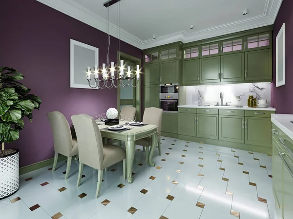 Классический Дизайн Кухни Бургундские Стены Зеленая Мебель Белый Цвет Керамической — стоковое фото