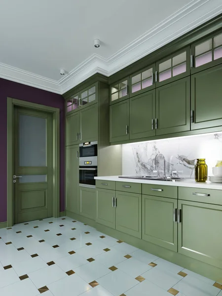 Mobili Cucina Verde Interno Cucina Bordeaux Pavimento Piastrelle Bianche Con — Foto Stock