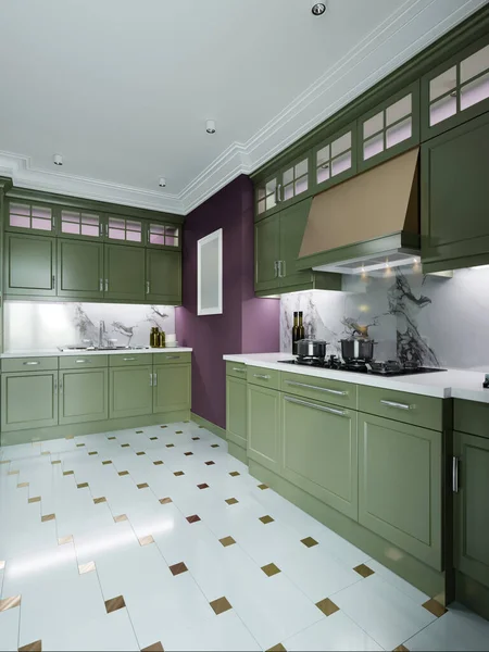 Zelený Kuchyňský Nábytek Interiéru Burgundské Kuchyně Podlahové Bílé Dlaždice Zlatým — Stock fotografie
