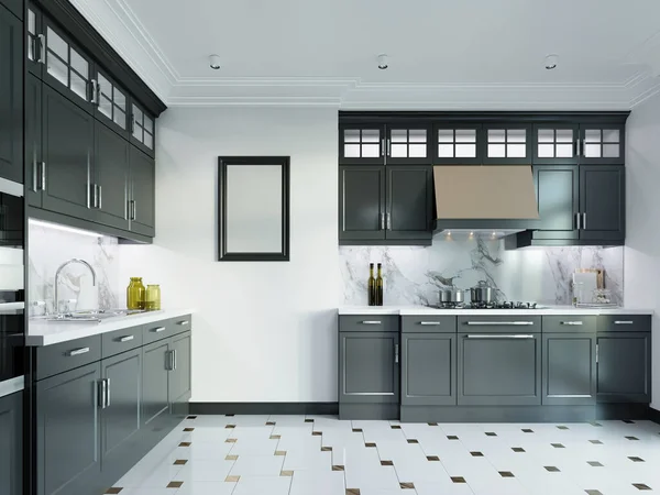 Black-white kitchen in a classic style. 3D rendering.