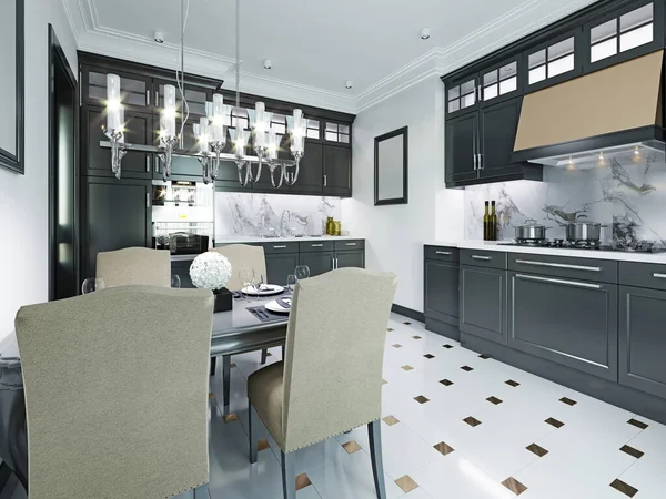 Black-white kitchen in a classic style. 3D rendering.