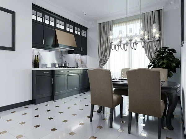 古典的なスタイルで黒白のキッチン 3Dレンダリング — ストック写真