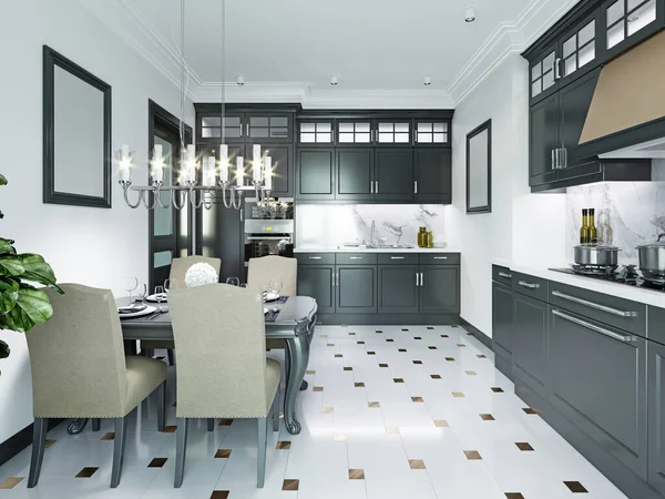 Black-white kitchen in a classic style. 3D rendering.