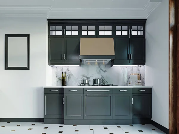 Black kitchen furniture in a classic style. Black furniture, white walls and floor. 3D rendering.