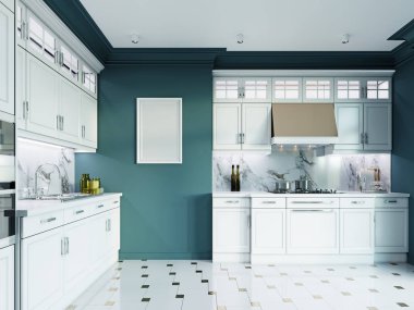 Klasik mutfak dekorasyonu. Lüks beyaz mobilyalar, mavi duvarlar. 3B görüntüleme.