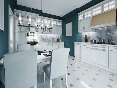 Klasik mutfak dekorasyonu. Lüks beyaz mobilyalar, mavi duvarlar. 3B görüntüleme.