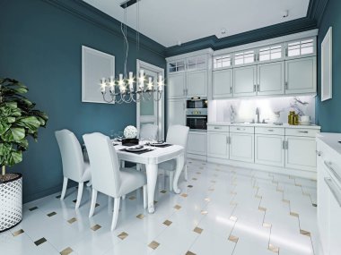 Klasik mutfak dekorasyonu. Lüks beyaz mobilyalar, mavi duvarlar. 3B görüntüleme.