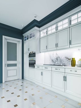 Mavi duvarlı klasik tarzda beyaz mutfak mobilyaları tasarlıyor. 3B görüntüleme.