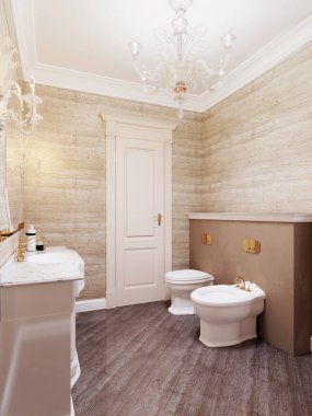 Tuvaleti ve bidesi bej ve sarı olan klasik bir banyo. 3B görüntüleme.