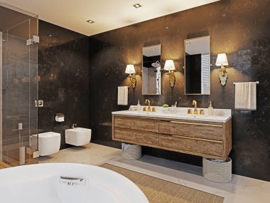 Çift ahşap leğen, iki ayna ve siyah mermer duvarda bir lamba. Modaya uygun banyo tasarımı. 3B görüntüleme.