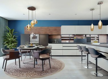 Şatafatlı, çok renkli mutfak, yemek masaları yeni modern tarzında. Beyaz, siyah ve kahverengi mobilyalar, mavi duvarlar. 3B görüntüleme.