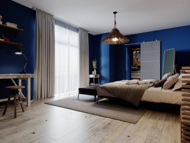 Mavi duvarları ve tavan arası mobilyaları olan boho tasarımlı modern bir yatak odası. 3B görüntüleme.