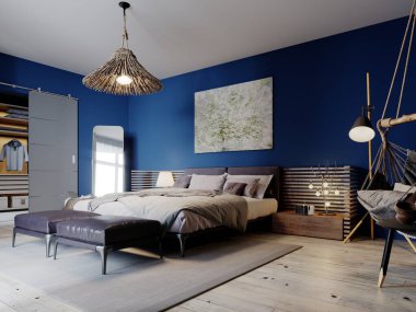 Mavi duvarları ve tavan arası mobilyaları olan boho tasarımlı modern bir yatak odası. 3B görüntüleme.