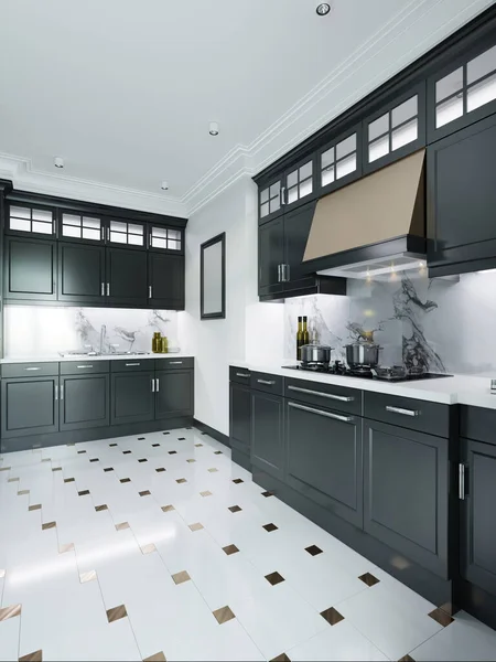 Black kitchen furniture in a classic style. Black furniture, white walls and floor. 3D rendering.