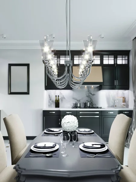 米色的黑色餐桌 有四个软椅 内部是古典风格的 3D渲染 — 图库照片