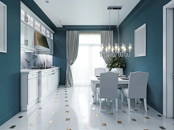 Interior Cocina Clásica Lujosos Muebles Blancos Paredes Azules Renderizado — Foto de Stock