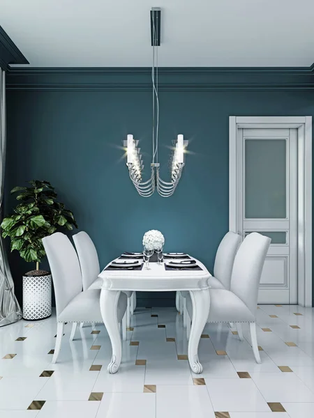 Essbereich Der Küche Mit Weißem Esstisch Und Stühlen Klassischen Stil — Stockfoto