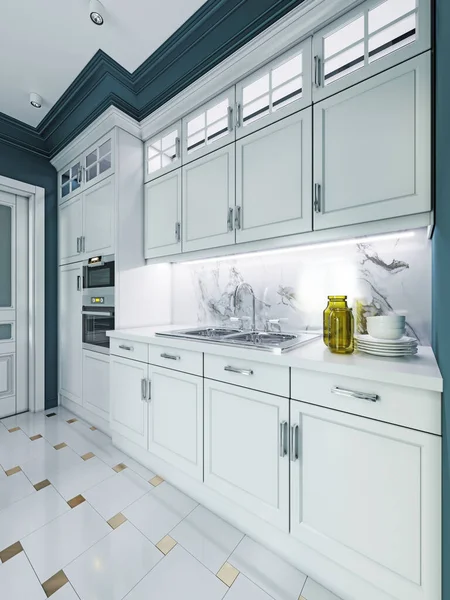 Designer white kitchen furniture in a classic style with blue walls. 3D rendering.