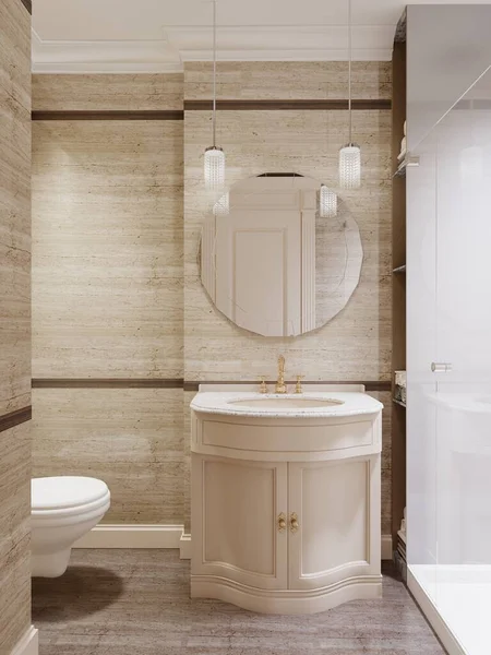 墙壁和地板上有一个带淋浴 卫生间和瓷砖的小浴室是米黄色的 3D渲染 — 图库照片