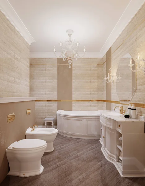 전형적 스타일의 욕실에 화장실 베이지 노란색의 비데가 렌더링 — 스톡 사진