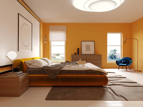 Design Modern Bedroom Yellow White Headboard Bed Yellow Bed Rendering — Stock Photo, Image