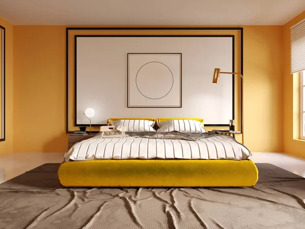 Design Modern Bedroom Yellow White Headboard Bed Yellow Bed Rendering — Stock Photo, Image