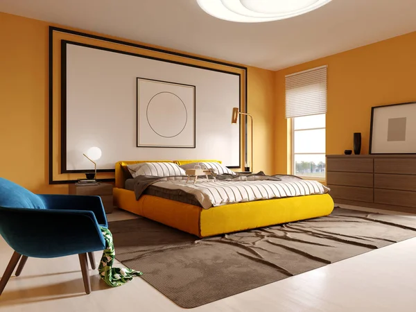 Дизайн Современной Спальни Желтом Цвете Белой Изголовьем Над Кроватью Желтая — стоковое фото