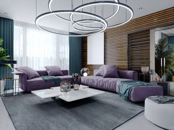 Nuovo Design Del Soggiorno Multicolore Stile Contemporaneo Mobili Viola Armadi — Foto Stock