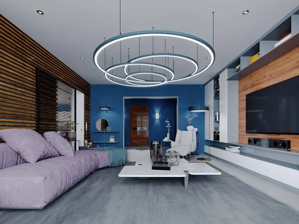 New design of multi-colored living room in contemporary style. Purple furniture, white and black cabinets and shelves, blue walls and wooden planks. 3D rendering.