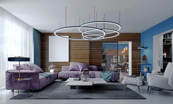 現代的なスタイルで多色のリビングルームの新しいデザイン 紫色の家具 白と黒のキャビネットや棚 青い壁と木製の板 3Dレンダリング — ストック写真
