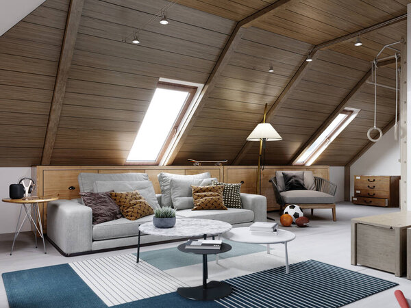 Дизайн детской комнаты для подростка на чердаке выполнен в мансарде, потолок забит деревом, стены белые. 3D рендеринг
.