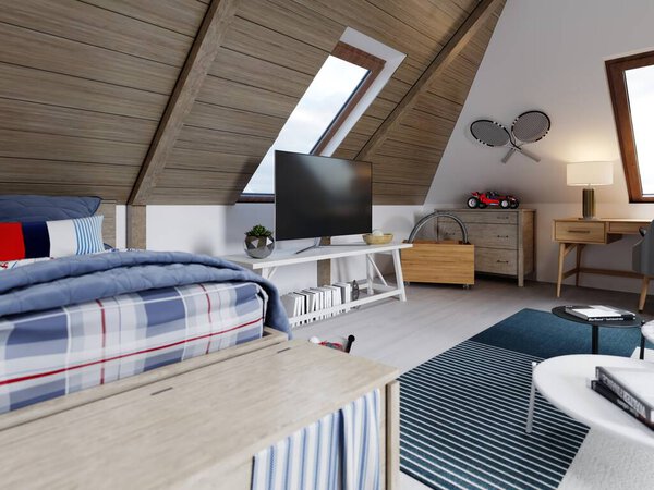 Дизайн детской комнаты для подростка на чердаке выполнен в мансарде, потолок забит деревом, стены белые. 3D рендеринг
.