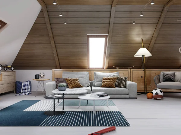 The design of the children\'s room for the teenager on the attic is in the loft style, the ceiling is hemmed with wood and the walls are white. 3D rendering.