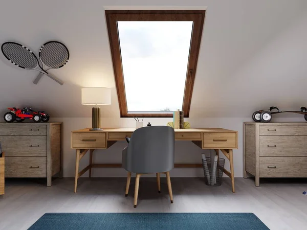 Bureau Bois Pour Enfants Dans Chambre Enfant Grenier Rendu — Photo