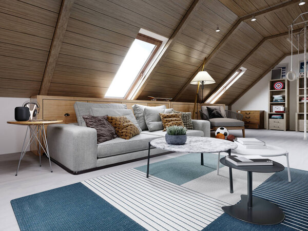 Дизайнерский белый диван, кресло и журнальный столик с интерьером в мансардной детской комнате. 3D рендеринг
.