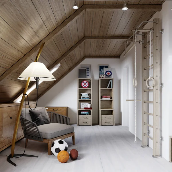 Fauteuil Avec Lampadaire Bibliothèque Escalier Mur Pour Enfants Chambre Pour — Photo