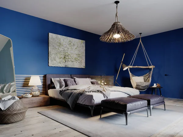 Modernt Sovrum Boho Design Med Blå Väggar Och Loft Möbler — Stockfoto