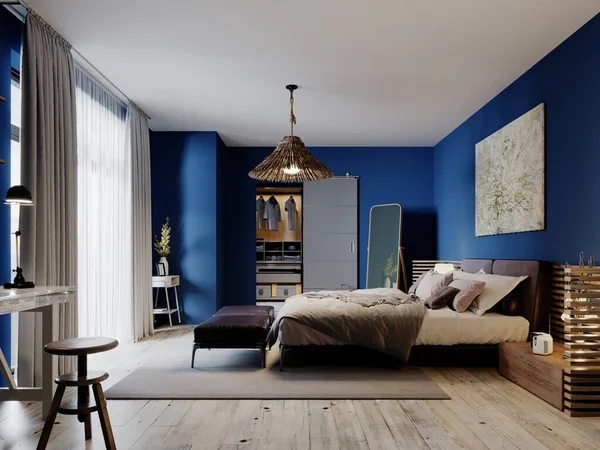 Modische Moderne Loft Stil Schlafzimmer Mit Blauen Wänden Und Rustikalen — Stockfoto