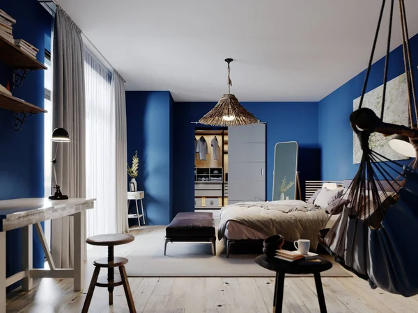 Mavi Duvarları Tavan Arası Mobilyaları Olan Boho Tasarımlı Modern Bir — Stok fotoğraf