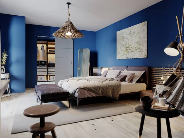 ブルーの壁と素朴な家具とファッショナブルな近代的なロフトスタイルの寝室 3Dレンダリング — ストック写真