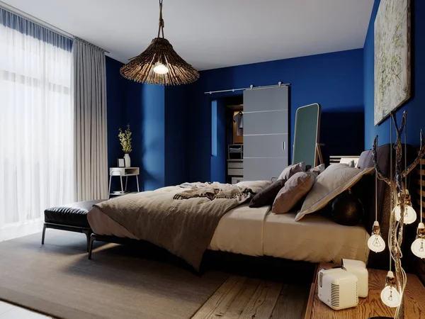 Moderne Slaapkamer Boho Design Met Blauwe Muren Loft Meubilair Weergave — Stockfoto