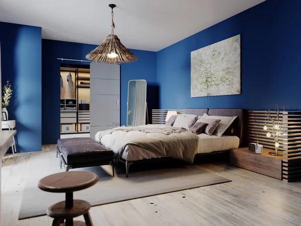 Moderno Dormitorio Estilo Loft Moda Con Paredes Azules Muebles Rústicos —  Fotos de Stock
