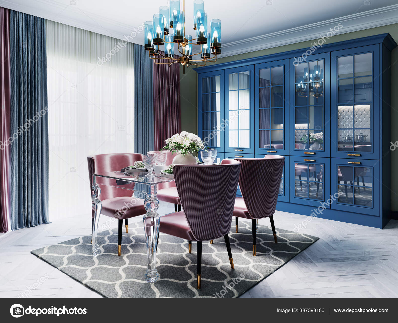 Colorful Kitchen Classic Style Blue Furniture Green Walls Dining