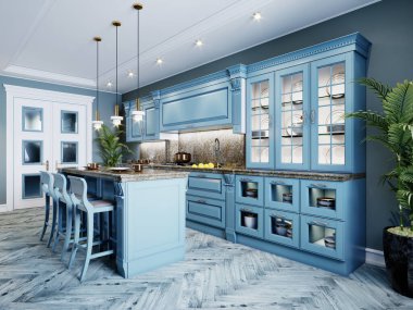 Mavi duvarları ve mavi mobilyaları olan modaya uygun bir mutfak, modern klasik tarzda bir mutfak. 3B görüntüleme.